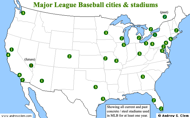 map of MLB stadiums & cities